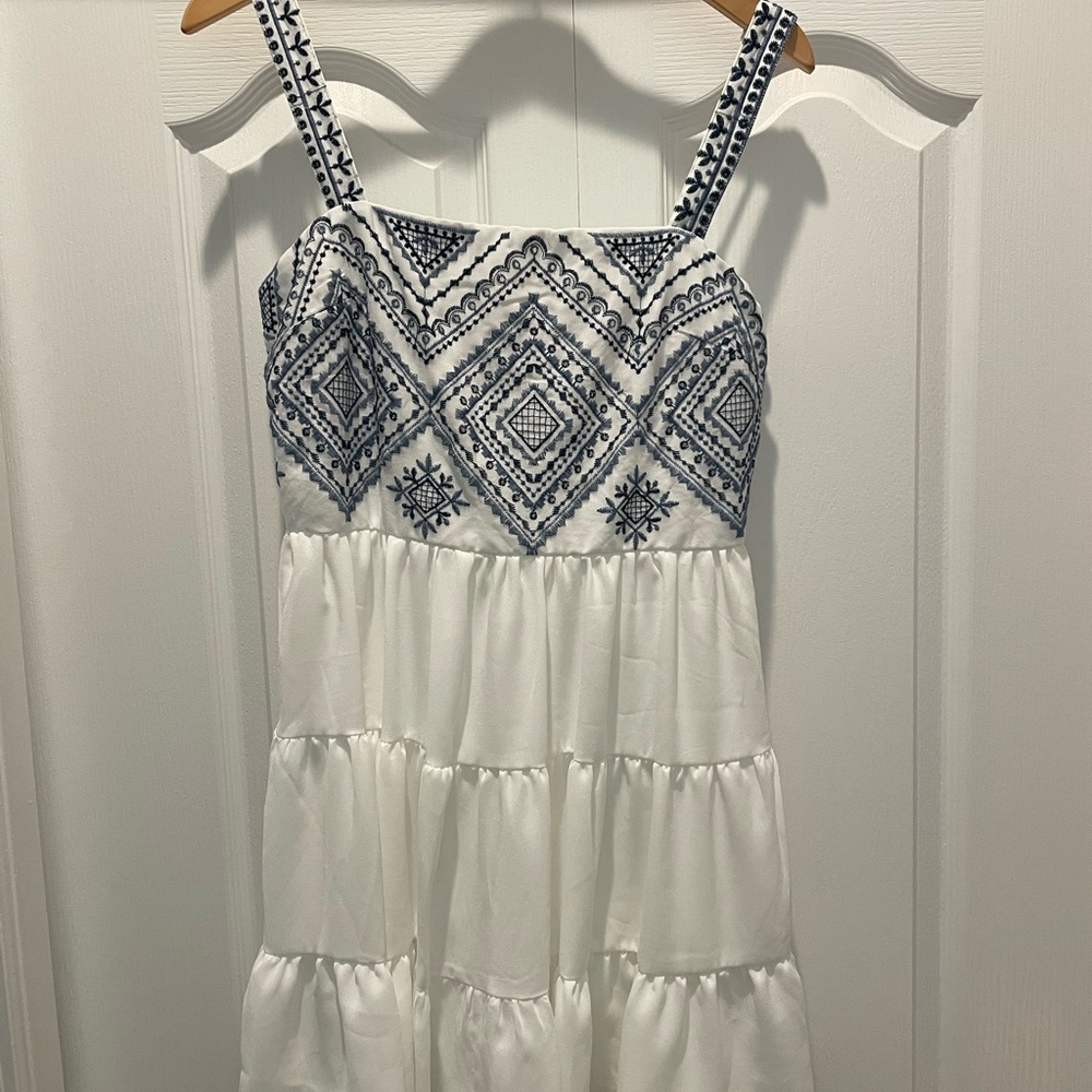 White and Blue Embroidered Mini Dress